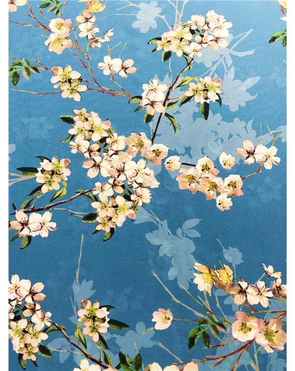Wiskoza żorżeto-krepa kwiaty na niebieskim