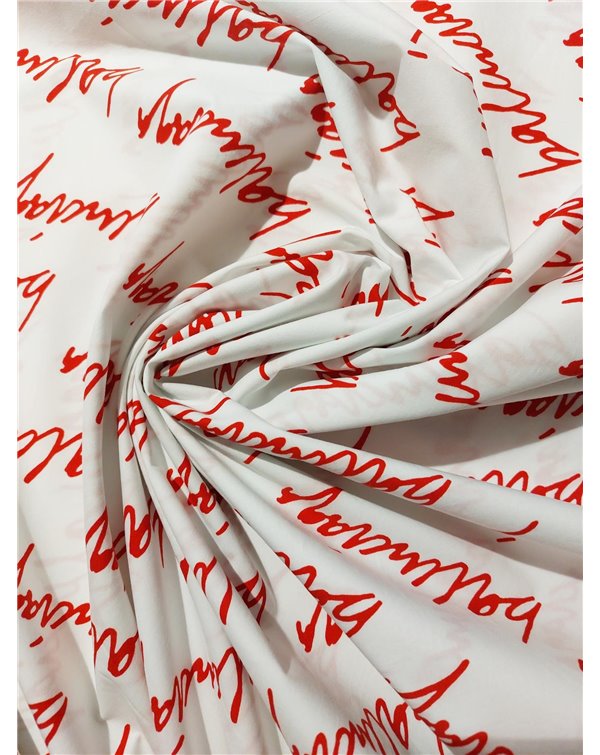 Bawełna biała sygnowana czerwone napisy